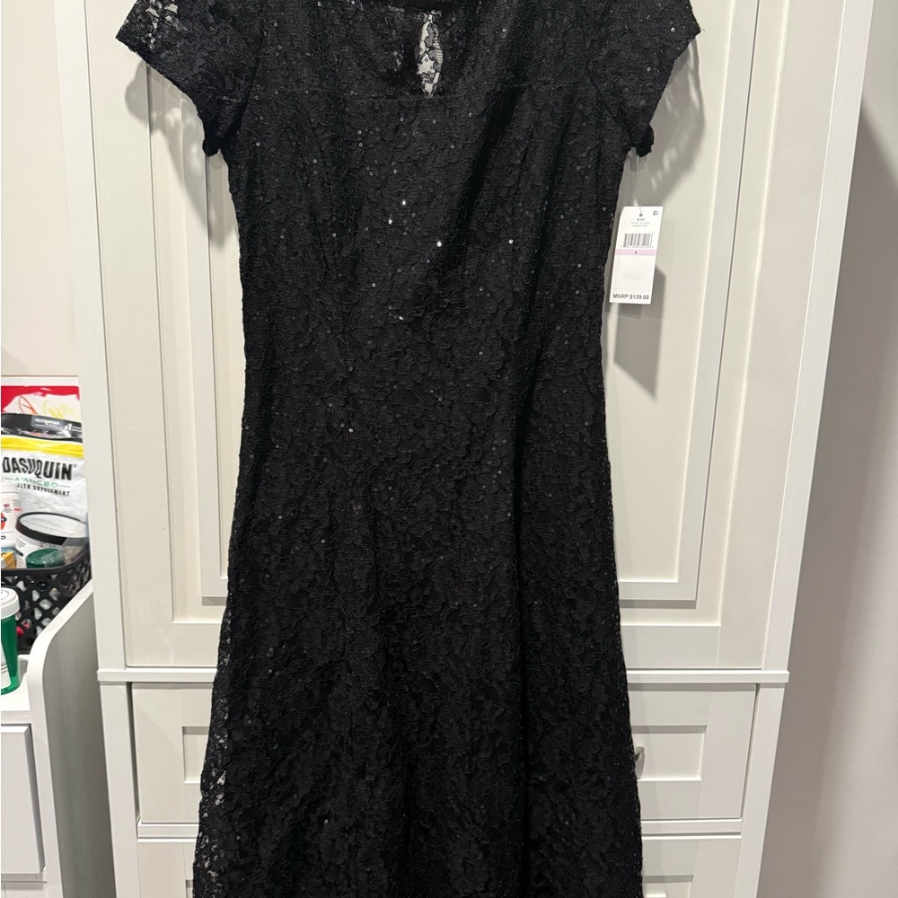 SLNY Black Sequin Lace Midi Dress